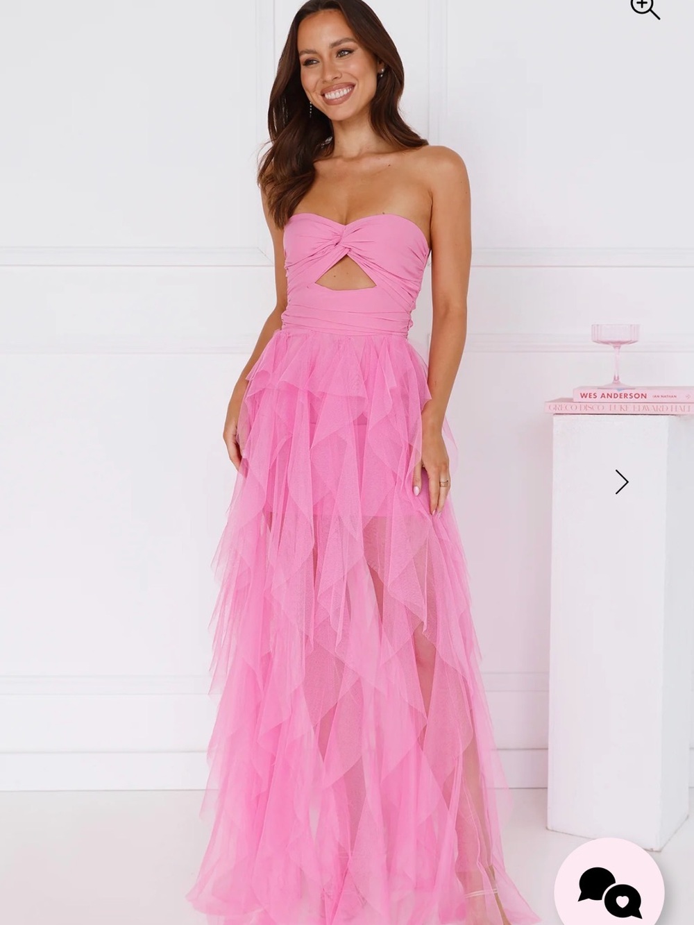 Hello Molly Pink Strapless Tulle Ruffle Gown